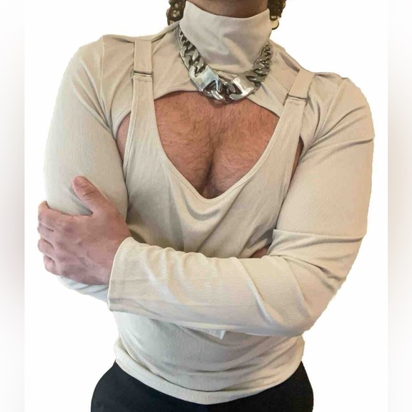 Shein Shirt Stretch Muscle Large Turtleneck Cut Outs Reveal Large Beige Club - Picture 1 of 10